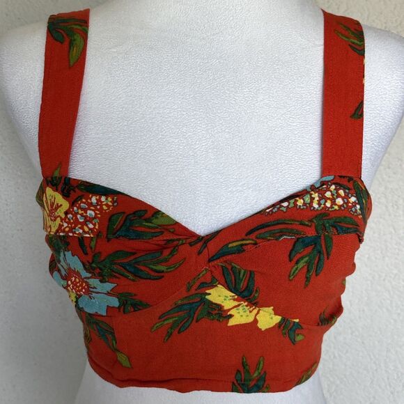 Free People Floral Print Rayon Wide Strap Tank Crop Top Size 4 - Picture 2 of 8